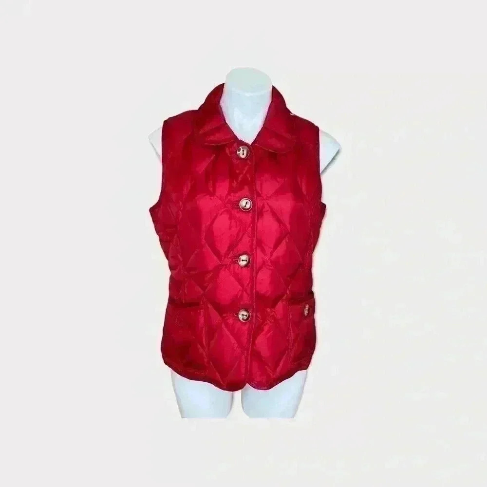 Quilted cherry red puffer quilted down vest Talbots size pockets petite medium